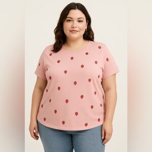 Vintage America Strawberry Embroidered Pink Tee Plus XXL 2X Coquette Cottagecore